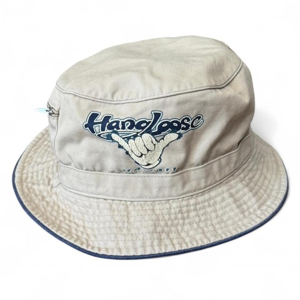 Vintage Beige Hang Loose Beach Surf Skater Streetwear Y2K Zip Pocket Bucket Hat